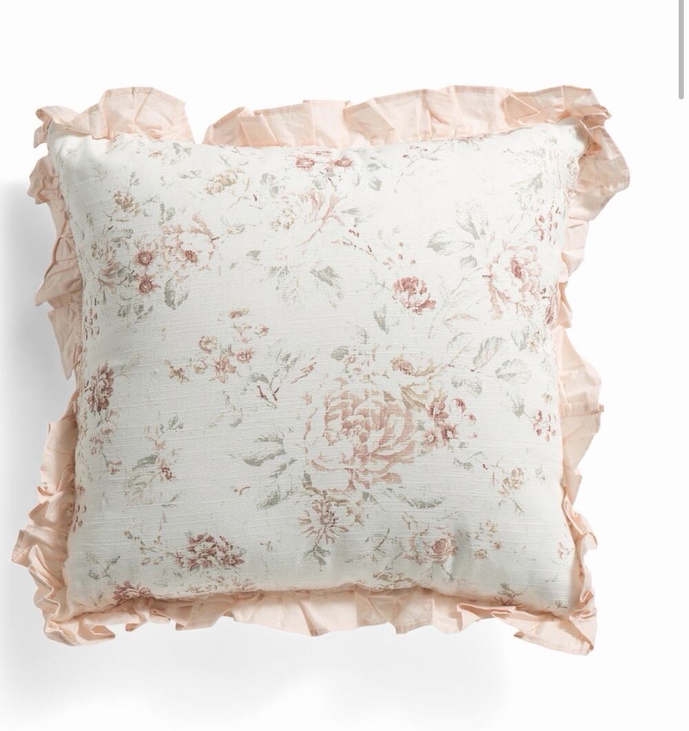 New! Magaschoni Ruffled Pink Floral Cottagecore Home Throw Pillow 20”x20”